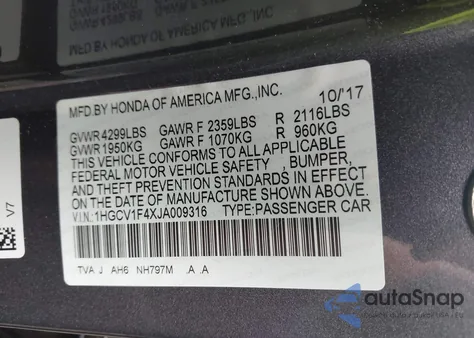 2018 Honda Accord Ex z USA, uszkodzony, nr VIN 1HGCV1F4XJA009316